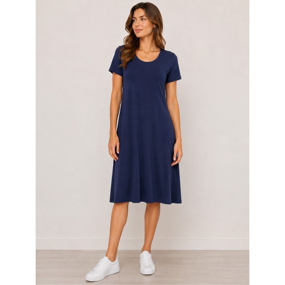 Womens Navy Blue Maxi Dress Short Sleeve A Line Stretch RN 87935 Size L Casual